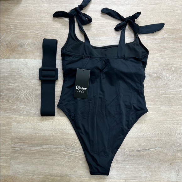 Women’s Small Black One Piece Swimsuit Tie Straps Elastic Belt Moderate Coverage - Picture 3 of 5